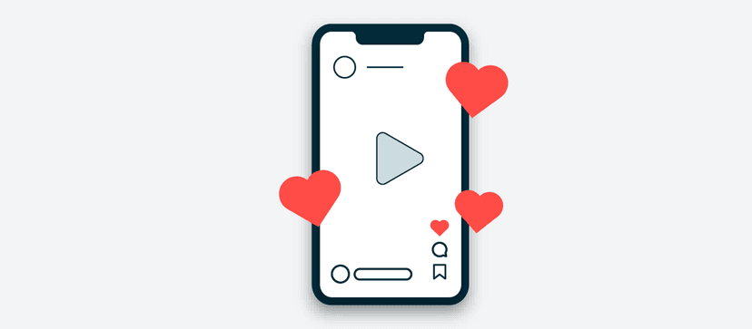 Illustration of a smartphone displaying a video player interface with floating red heart icons around the screen